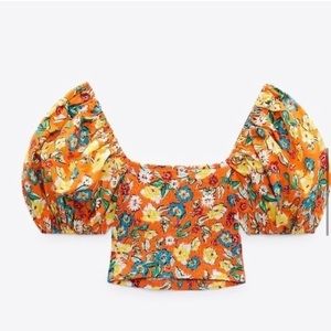 Zara Orange Pattern Crop Top with Puff Sleeves